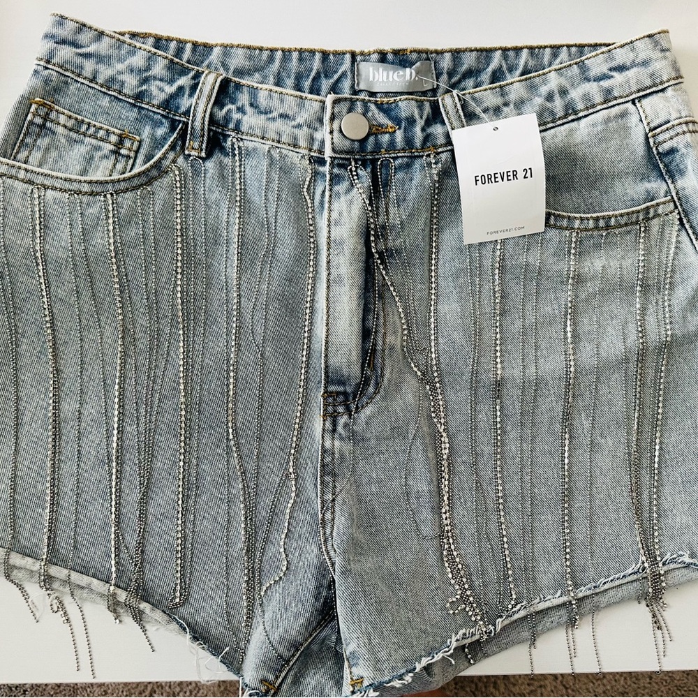 Forever 21 Light Blue Denim Shorts with Silver Chain Fringe